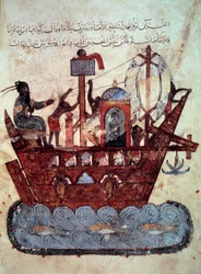 Le bourgeois al-Harith, fils de Hammam, et le navigateur errant Abu-Zayd sur un bateau miniature des "Maqamat" (Séances) d