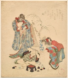 Deux filles avec leur petit frère qui a renversé le set de saké