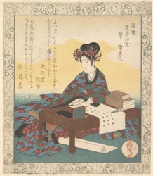 Dame chinoise assise à une table, composant une ode