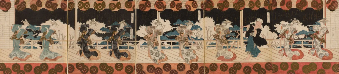 Courtisane dansante et homme (peut-être le poète Hisakataya), Deux, de la série de pentaptyques "Spectacle de danse Furuichi (Furuichi odori)" pour le Club de poésie Hisakataya