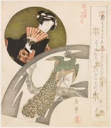 Geisha et paon sur fleurs de prunier; Une série de dix estampes pour les Honchôren (titre de la série); Honchôren jûbantsuzuki (titre de la série sur l