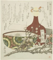 Bouteille de vin, bol et branche de prunier, de la série "Deux produits célèbres de la province de Bizen (Bizen meibutsu futashina)"