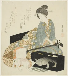 Femme avec shamisen et chat