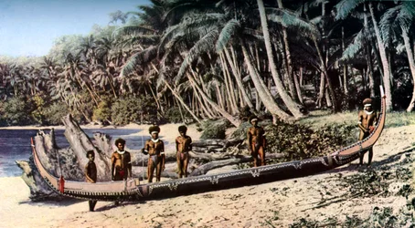 Canoë indigène sur une plage ombragée de palmiers, Îles Salomon, vers 1923