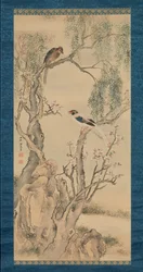 Oiseaux dans les saules et pêcher en fleurs