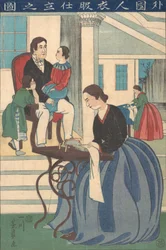 Famille étrangère avec femme faisant des vêtements, 1860