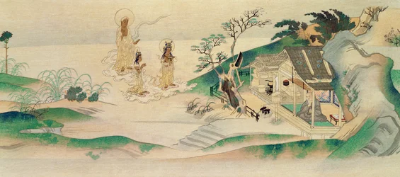 Bouddha Amitayus et deux Bodhisattvas visitant le moine Honen, illustration publiée dans le magazine Tokka en mars 1902
