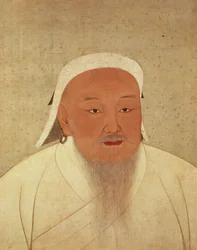 Portrait de Gengis Khan (v. 1162-1227), khan mongol, fondateur de la dynastie impériale Yuan, faisant de la Chine le centre du grand Empire mongol (1260-1368), encre et aquarelle sur soie, bordure de soie à motifs