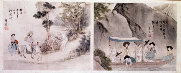 Art coréen : scène de marche et de bateau. Estampes de Sin Yun Bok (ou Hyewon) (né en 1758). 18ème siècle.