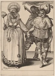 Un homme au turban guidant une femme portant des plumes de paon