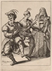 Une femme voilée avec deux musiciens jouant d