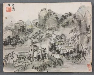 Album miniature avec figures et paysage (Paysage avec deux bâtiments)