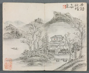 Album miniature avec figures et paysage Paysage avec colline, maison, bateau et pont, 1822
