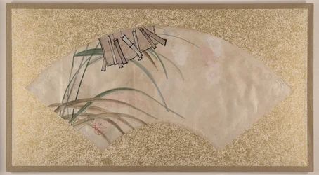 Fleurs (roses et blanches) et feuilles, clapets, fin du 19e siècle (peinture sur éventail montée en feuille d