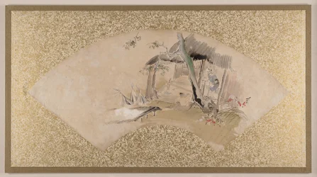 Maison avec femme et bébé, fin du 19e siècle (peinture en éventail montée en feuille d