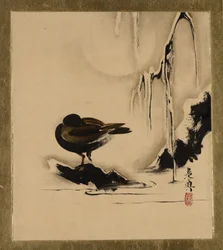 Peintures en laque de sujets variés : Oiseau et saule dans la neige