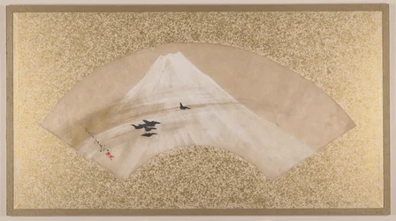 Montagnes avec oiseaux, fin du 19e siècle (peinture en éventail montée en feuille d