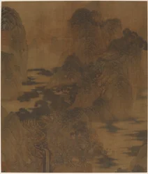 Paysage : gorge de montagne, brume, un ruisseau et des bâtiments, dynastie Ming, 17ème siècle
