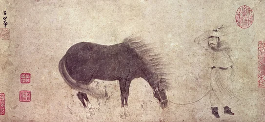Cheval et palefrenier en hiver