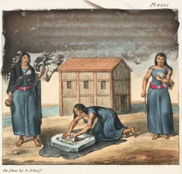 Femmes indiennes Araucano broyant du maïs et filant, Chili
