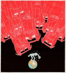 Voitures attaquant le dernier piéton sur terre. 1929 (Caricature)