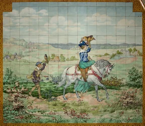 Vue intérieure, panneau de carreaux, peintre Furcy Ernest Tondeur, exécuté par Boch Frères La Louvière, deuxième panneau, scène de chasse avec un noble et une noble tenant des faucons