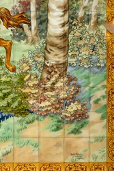 Vue intérieure, panneau de carreaux, peintre Furcy Ernest Tondeur, exécutant Boch Frères La Louvière, premier panneau, scène de chasse avec trois cavaliers, détail en bas à droite, avec signature