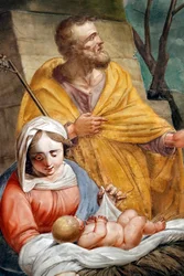 Scène de la Nativité. Sainte famille. Basilique Santa Maria delle Vigne. Gênes. Italie.