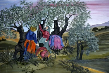 Récolte des olives, naïf de Barbara Mencarelli, Mandoleto, Solomeo, Ombrie, Italie