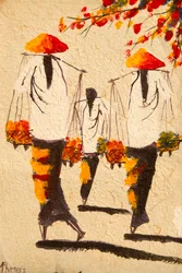 Peinture ; femmes asiatiques avec chapeaux de riz ; Vientiane ; Laos ; Asie du Sud-Est ; Asie