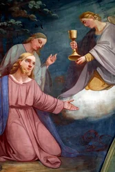 Église de Rumilly. Peinture murale. Jésus priant dans le jardin de Gethsémani après la Dernière Cène. France.