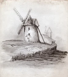 Moulin à vent en Normandie, France. vers 1830 (illustration)