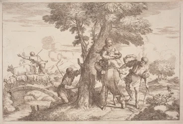 La fuite en Égypte avec un berger regardant derrière un arbre