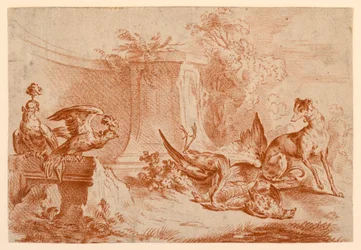 Faucons, chien et gibier mort