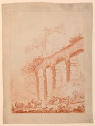 Bergers dans un paysage avec des ruines