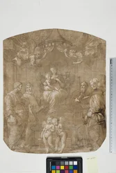 Madone et enfant avec Sts Pierre, Bernard (ou Bruno), Jacques, Augustin et quatre anges, Madonna del Baldacchino