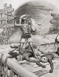 Alexandre le Grand combattant les Assacani à la ville fortifiée de Massaga, Inde, pendant sa campagne indienne en 326 av. J.-C., de l
