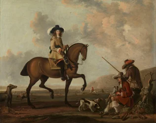 Un gentilhomme à cheval avec deux gardes-chasse et leurs chiens