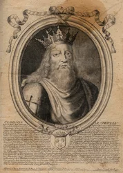 Clodion, dit « le Chevelu » (428-448), ancêtre des Mérovingiens et chef des Francs saliens. Gravure tirée des « Augustes Représentations de tous les rois de France depuis Pharamond ».
