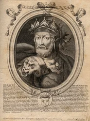 Portrait de Mérovée ou Mérovée roi franc (v. 458) 1er roi de la race mérovingienne - Portrait de Mérovée (Mérovée) (d.456) roi des Francs saliens - Gravure de 