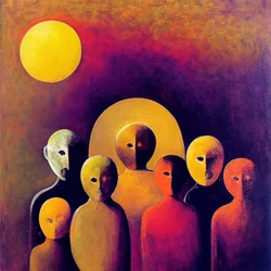 Foule abstraite avec des visages expressifs, art surréaliste figuratif