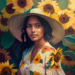 Portrait abstrait de belle fille mexicaine et fond de tournesols
