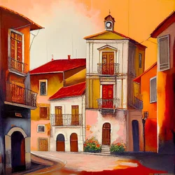 Beaux tableaux vintage de vieux village en tons chauds