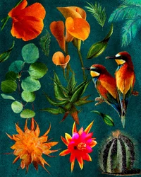 Oiseaux tropicaux et fleurs