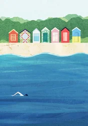 Cabanes de plage colorées – Baignade dans l
