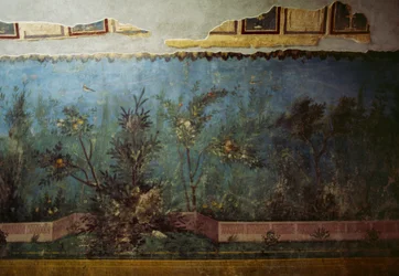 Fresque représentant un jardin avec des arbres et des oiseaux, provenant de la maison de Livie sur le mont Palatin, Rome, Italie. Civilisation romaine