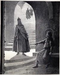 Sois chrétien, je te ferai chevalier. Les paroles de Louis IX dit Saint Louis (1214-1270) à un chef sarrasin entré dans la prison pour se faire chevalier. Illustration de Job (Jacques Marie Gaston Onfray et Breville) (Jacques-Marie) (1858-1931)