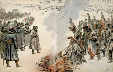 Campagne de Russie (1812) : Lors de la retraite de Russie, Napoléon Ier Bonaparte (1769-1821) ordonne de brûler les drapeaux et les aigles pour empêcher l