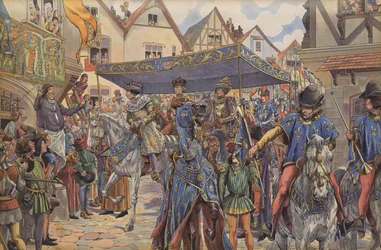 Foules dans les rues de Paris accueillant Louis XI à son arrivée de Bourgogne pour réclamer son royaume après la mort de son père, Charles VII