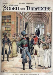 Chacun sa fleur. Un soldat achète des fleurs à une vendeuse dans une galerie couverte à Paris en 1816. D